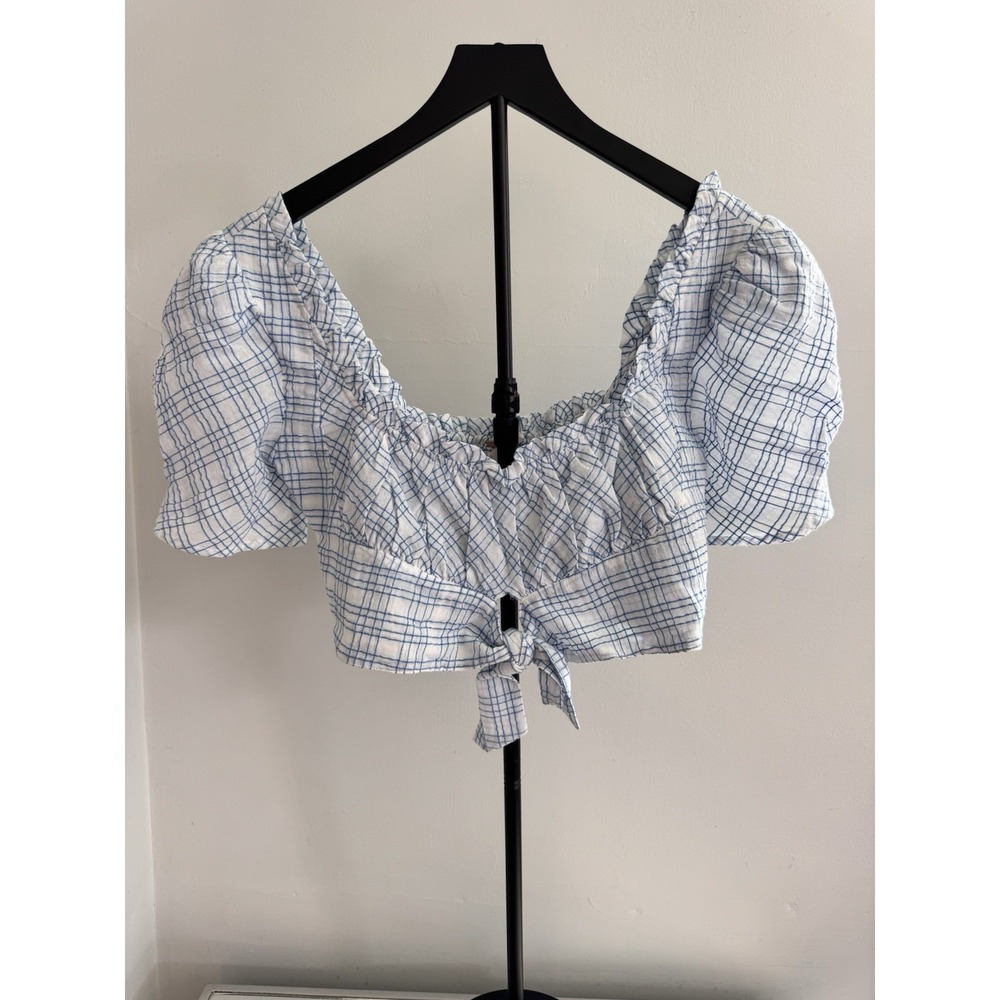 Free People Blue Plaid Puff Sleeve Tie Front Crop Top XS Cottagecore